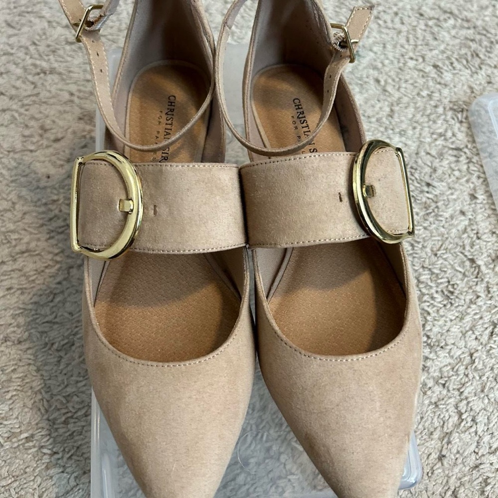 Christian Siriano Beige Flats with Gold Buckles